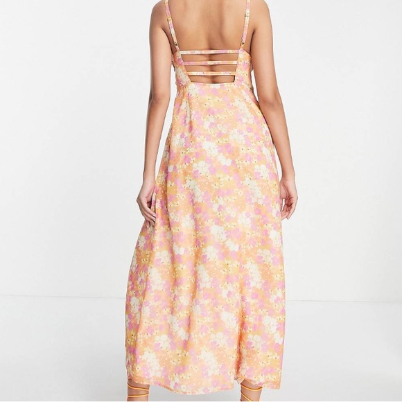 ASOS cami pleated midi dress with slit in coral floral print - Picture 2 of 3